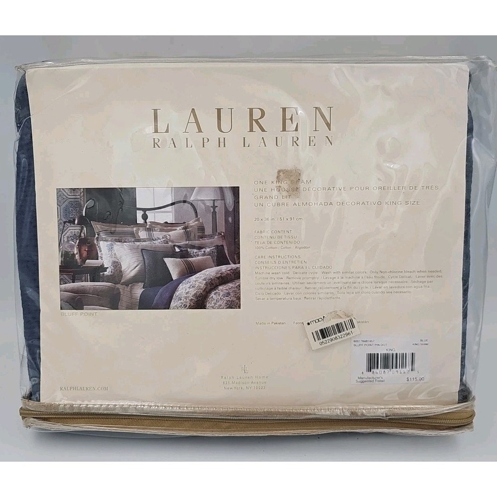 Lauren Ralph Lauren One King Sham Bluff Point Pin Dot Blue 20" x 36" 100% Cotton